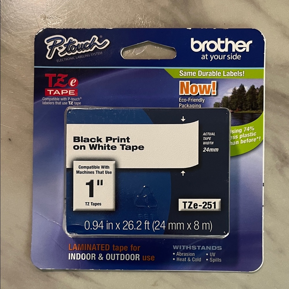 Brother White Laminated Label Tape with Black Print